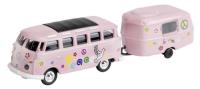 1:87 VW T1 SAMBA BUS + CARAVAN HIPPIES PINK and FLOWERS - SCHUCO - 25446
